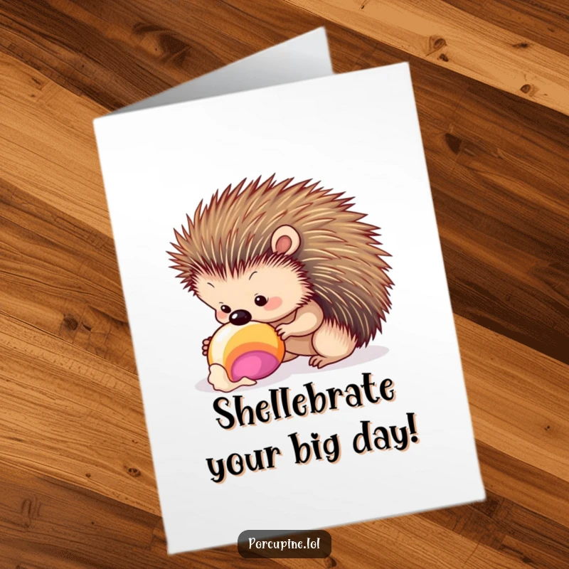 Funny Free Printable Birthday Card: A porcupine curiously inspects a vibrant, colorful seashell it has found.