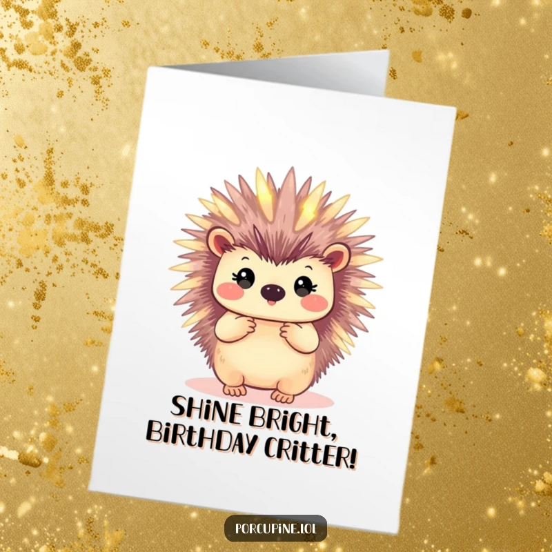 Funny free printable birthday card featuring a porcupine whose quills emit a soft, warm glow, creating a whimsical atmosphere.
