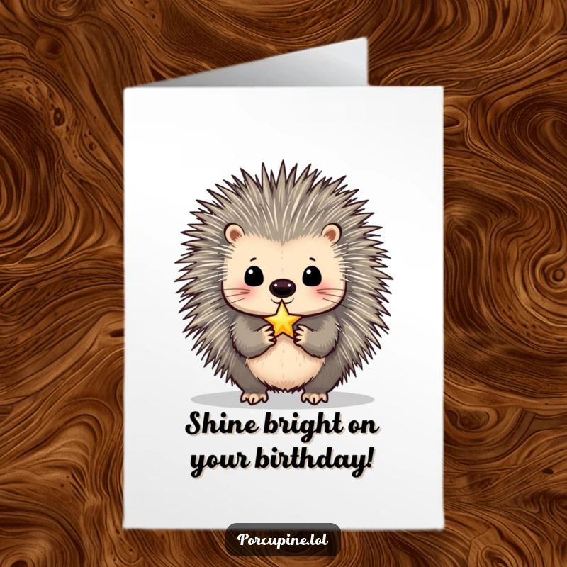 Funny free printable birthday card: a porcupine balances a shimmering star on its nose, sending stellar wishes.