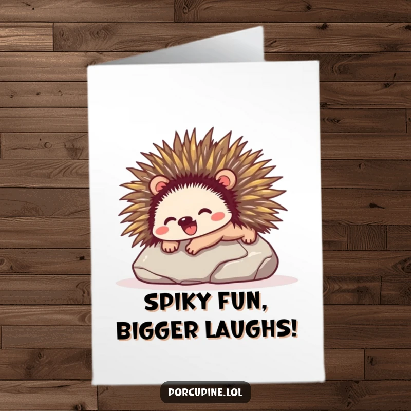 Funny Free Printable Birthday Card featuring a gleeful porcupine sliding down a smooth stone, spreading joy and laughter.