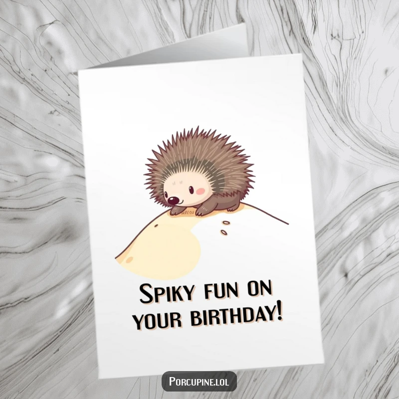 Funny Free Printable Birthday Card: A porcupine gleefully slides down a sandy dune, wearing sunglasses, spreading pure joy.