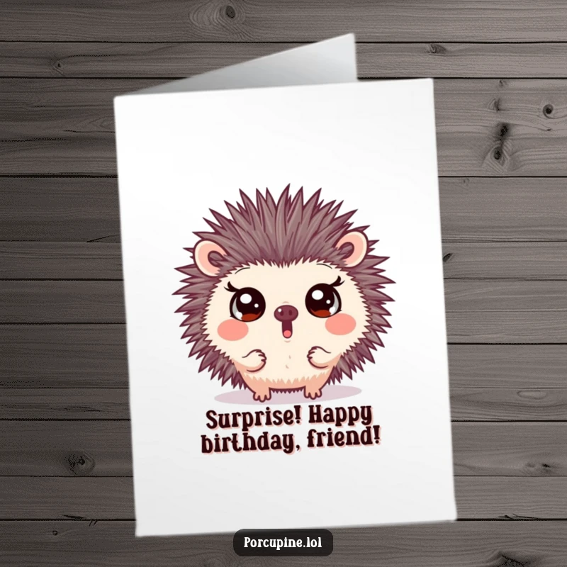 Funny Free Printable Birthday Card: Porcupine making a surprising face with wide eyes, expressing comical shock and awe.