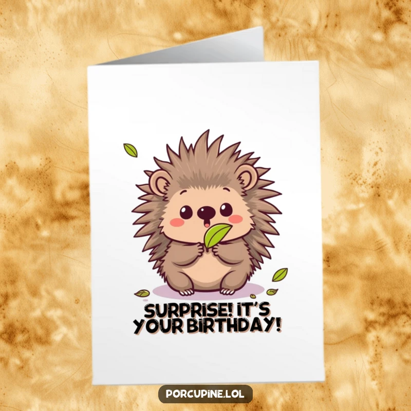Funny Free Printable Birthday Card: Kawaii porcupine with a comically surprised expression as a single leaf falls, adding a touch of whimsy.