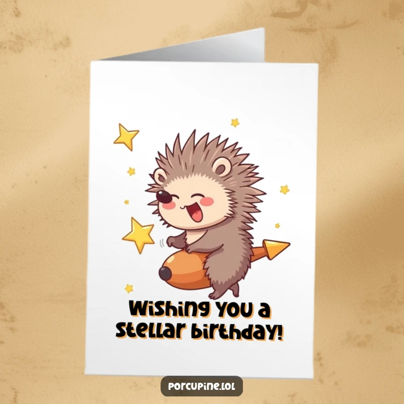 Fun Free Printable Birthday Card: A porcupine giggling joyfully while riding a fast-moving shooting star.