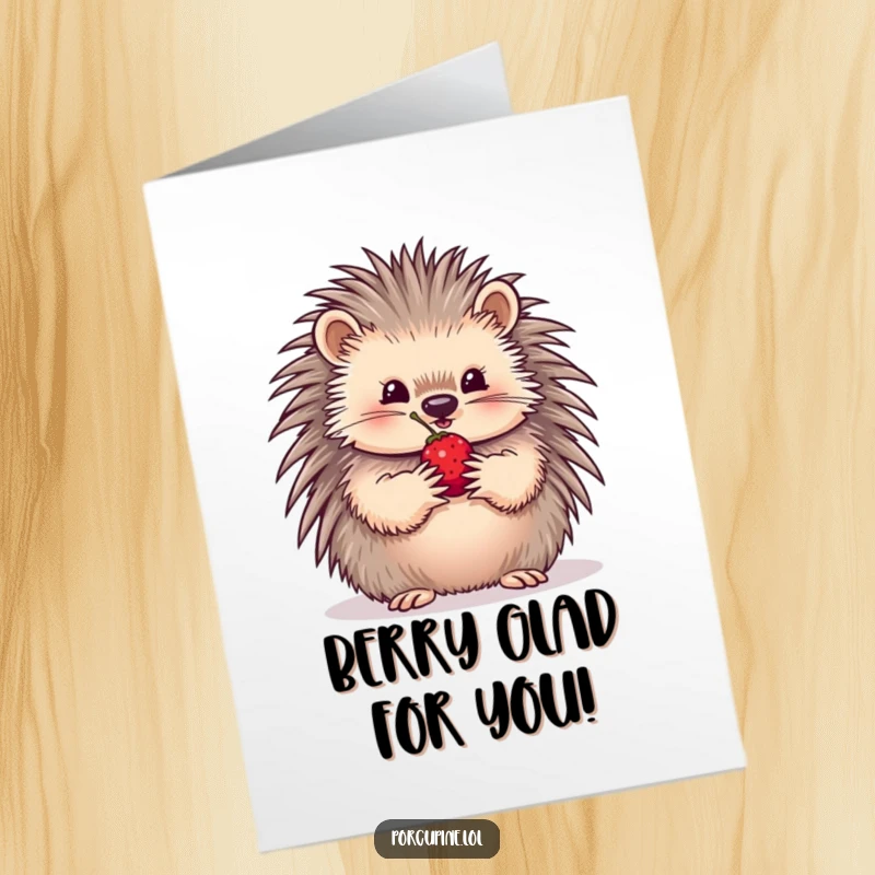 Funny Free Printable Congratulations Card: A porcupine carefully presents a single berry with its paws, a small but meaningful token of congrats.