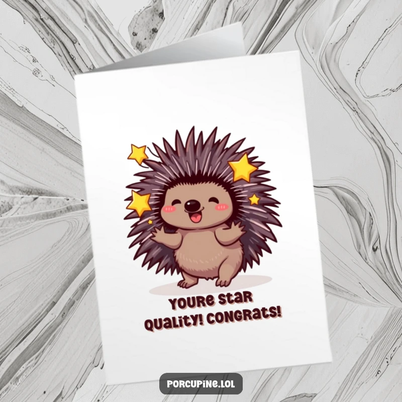 Magical Free Printable Congratulations Card: A porcupine playfully juggling three bright, sparkling stars in celebration.