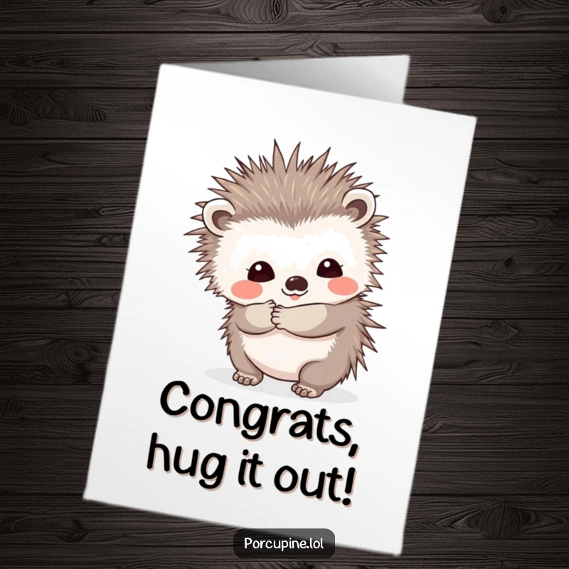 Funny Free Printable Congratulations Card: Porcupine offering a hesitant, prickly hug with a shy, sweet smile.