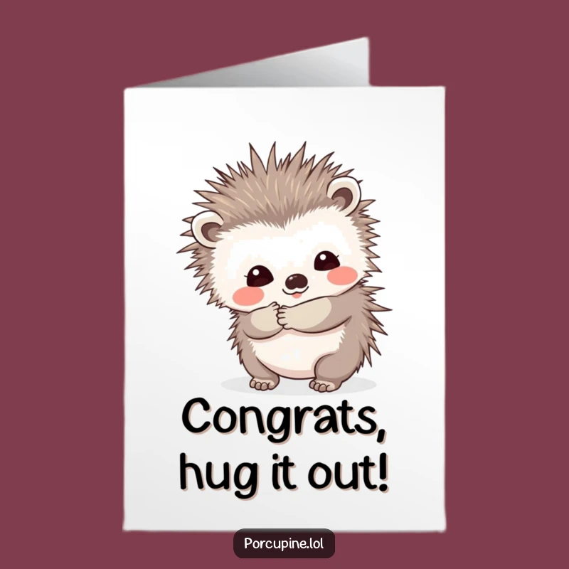 Free Printable Congrats Card: Prickly Hug Porcupine, Shy Smile, Humorous Downloadable