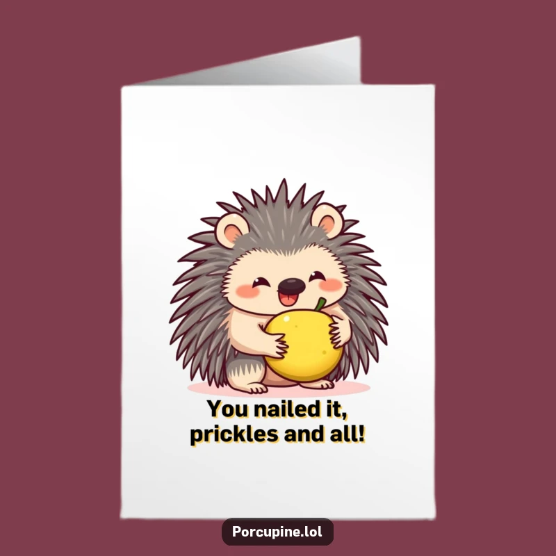 Free Printable Congrats Card: Joyful Porcupine Balancing Fruit - Hilarious Downloadable Gift!