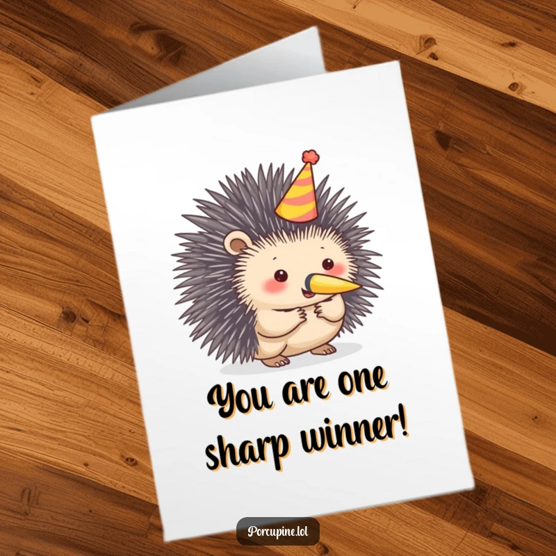 Funny Free Printable Congrats Card: A porcupine sports a party hat and blows a horn, celebrating a big achievement.