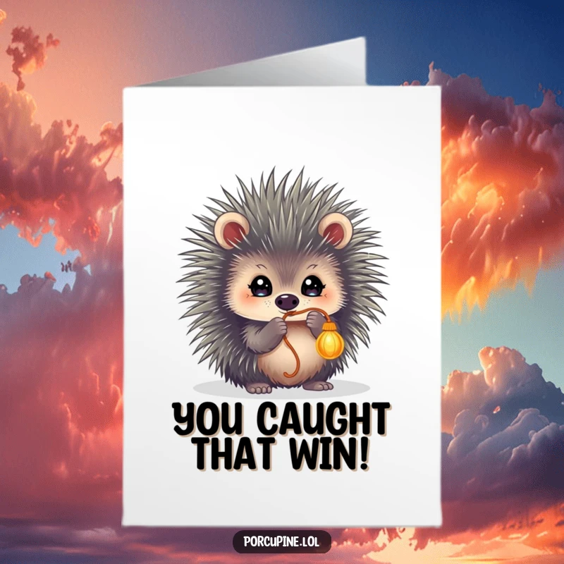 Funny Free Printable Congratulations Card: A delightful porcupine with sparkling eyes playfully bats at a dangling string, capturing pure excitement.