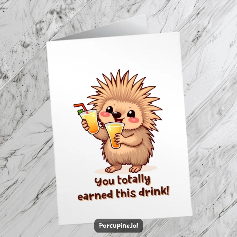 Free Printable Congratulations Card: A porcupine enthusiastically waves a cocktail, toasting to your success with a big smile.