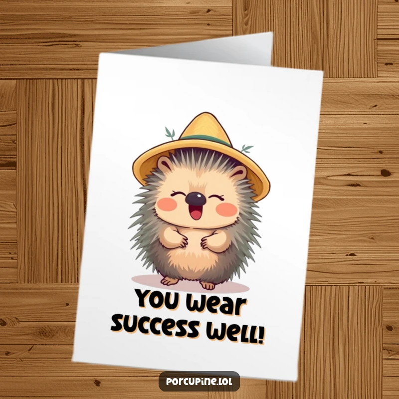 Funny Free Printable Congratulations Card: A porcupine joyfully giggles while perfectly balancing a straw hat on its head.