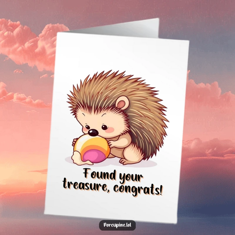 Free Printable Congratulations Card: A porcupine curiously inspects a brightly colored seashell, captivated by its beauty.