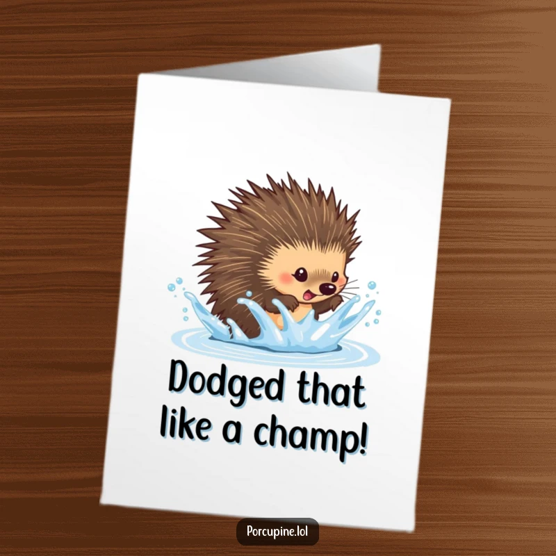 Free Printable Congratulations Card: A porcupine comically dodges a sudden splash of water, showing quick reflexes.