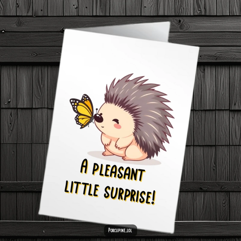 Funny Free Printable Congrats Card: Porcupine expresses comical surprise as a butterfly lands gently on its back.