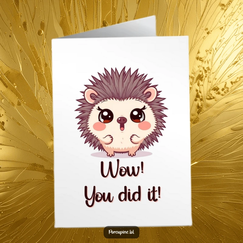 Funny Free Printable Congratulations Card: Porcupine making a surprising face with wide, comical eyes, conveying astonishment.