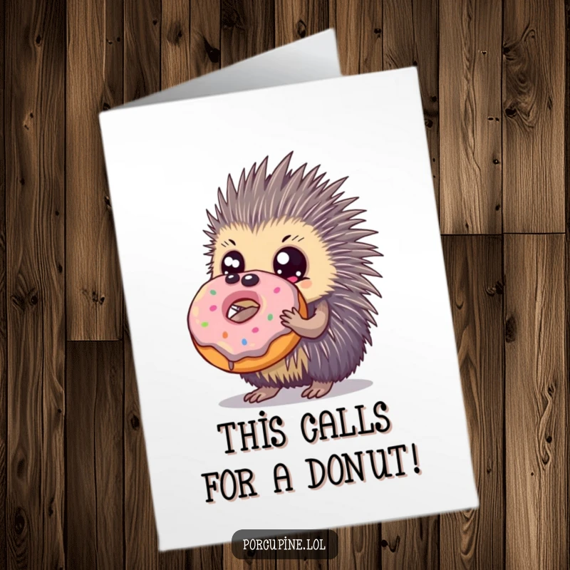 Funny Free Printable Congratulations Card: A porcupine with enormous eyes gazing lovingly at a massive, tempting donut.