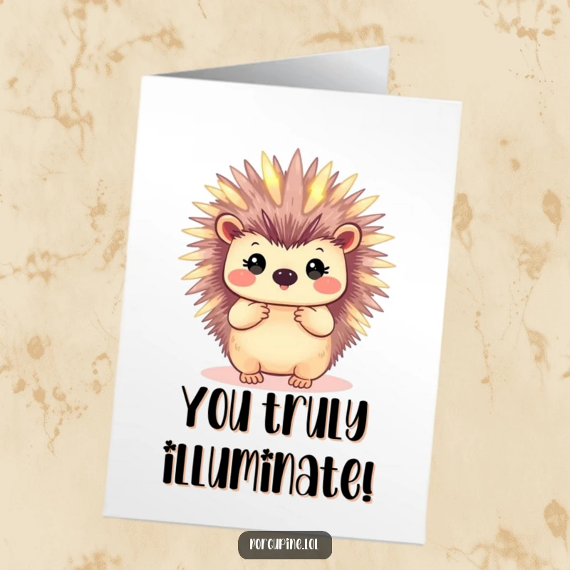 Funny free printable congratulations card showing a porcupine radiating a soft, gentle light from its quills, symbolizing achievement.
