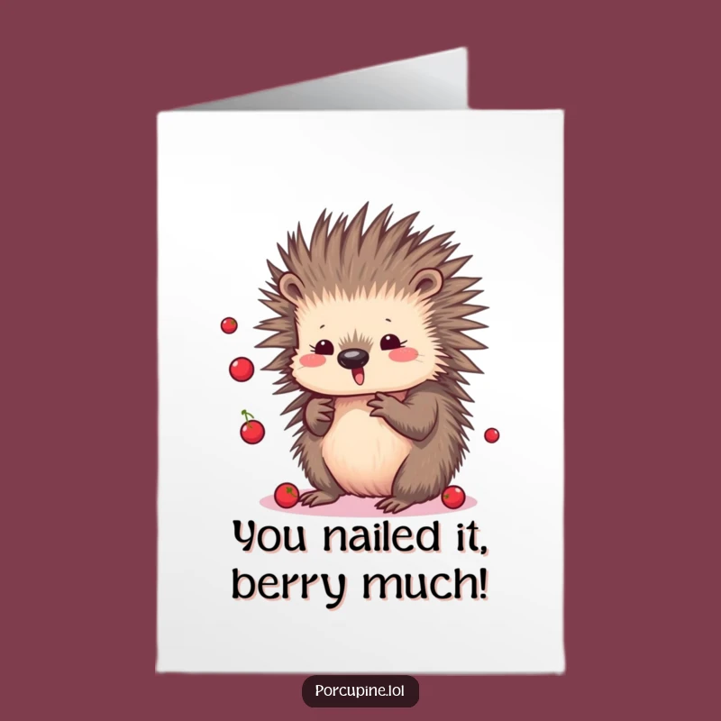 Free Printable Kawaii Porcupine Congrats Card: Juggling Berries for a Fruity Success