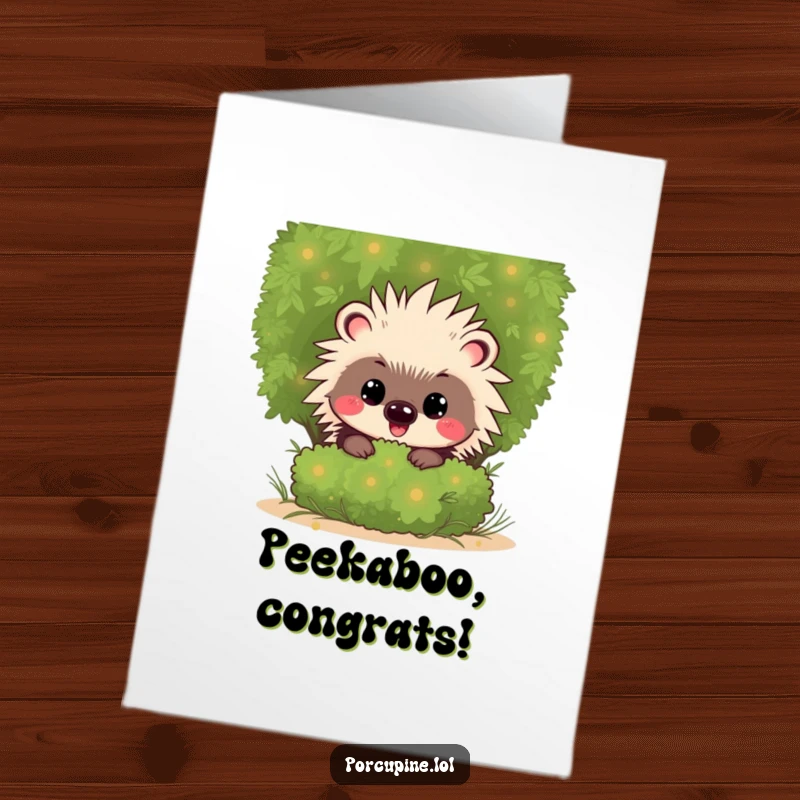 Free Printable Congratulations Card: A mischievous kawaii porcupine grins slyly while peeking from a shrub, adding a playful touch to congratulations.