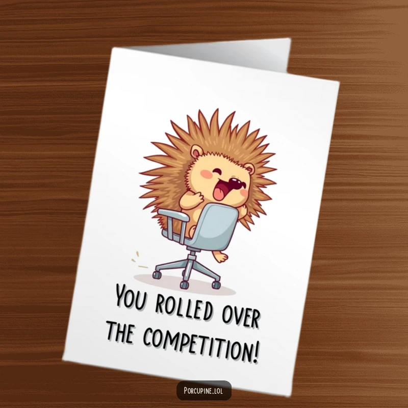 Funny Free Printable Porcupine Congratulations Card: A porcupine joyfully rides a runaway office chair, celebrating your impressive win.