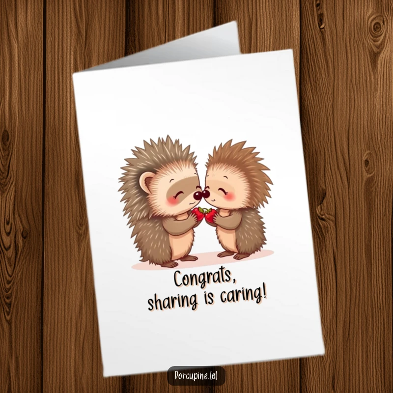 Funny free printable congratulations card showing two friendly porcupines sharing a berry, celebrating together with warmth.