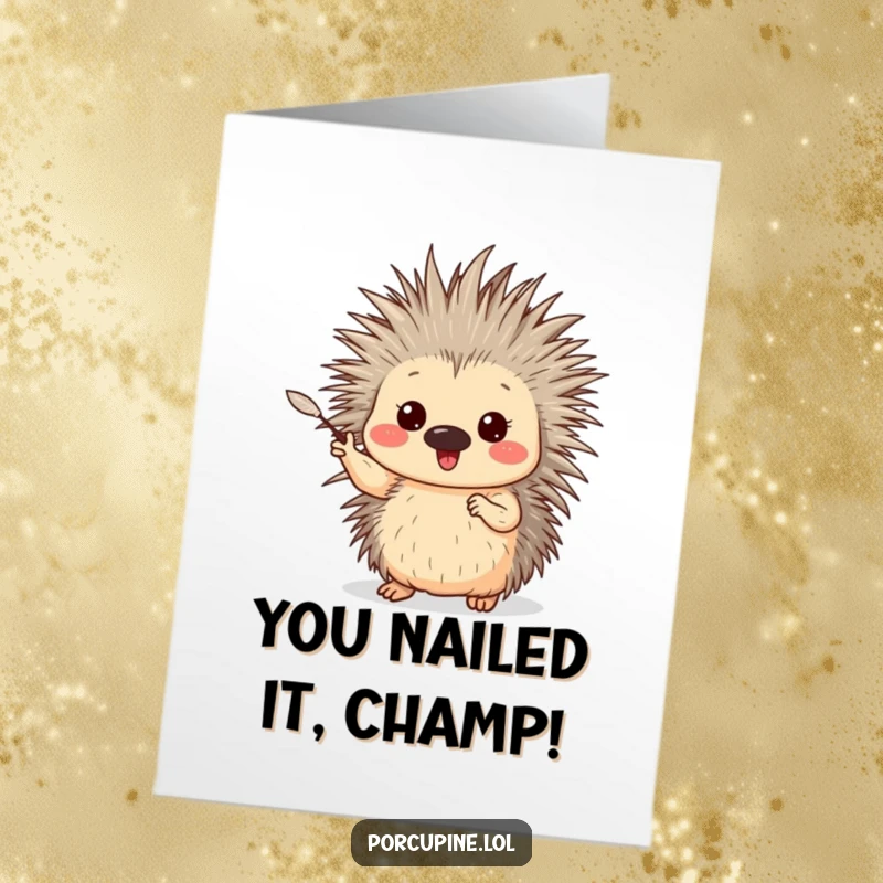 Funny free printable congratulations card: a porcupine enthusiastically gestures with one gentle quill, celebrating achievements.