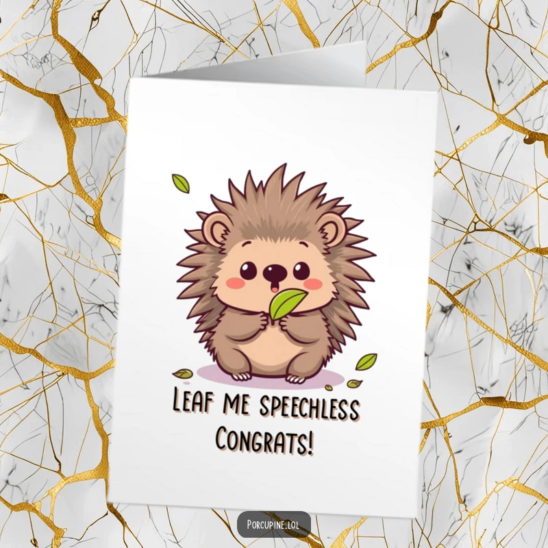 Funny Free Printable Congrats Card: A kawaii porcupine looking hilariously surprised as a leaf descends, perfect for celebrating unexpected success.