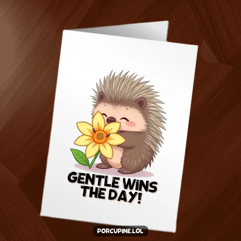 Funny Free Printable Congrats Card: Porcupine cautiously retracts quills to hug a flower, symbolizing gentle success.
