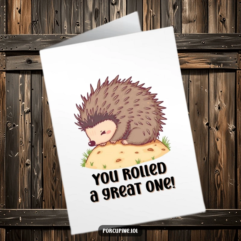 Funny free printable congratulations card showing a porcupine hilariously rolling down a hill, spreading joy.