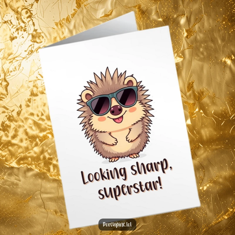 Free Printable Congratulations Card: A porcupine flashes a cool smile while wearing impressively oversized sunglasses.