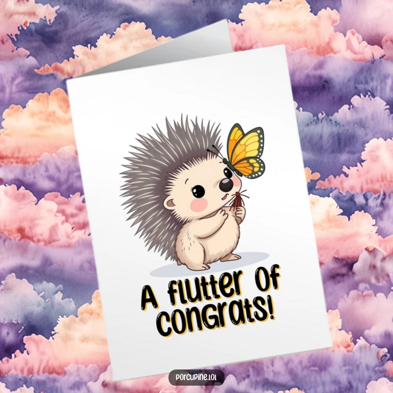 Funny free printable congratulations card showing a porcupine with an intrigued expression as a butterfly alights on its quill.