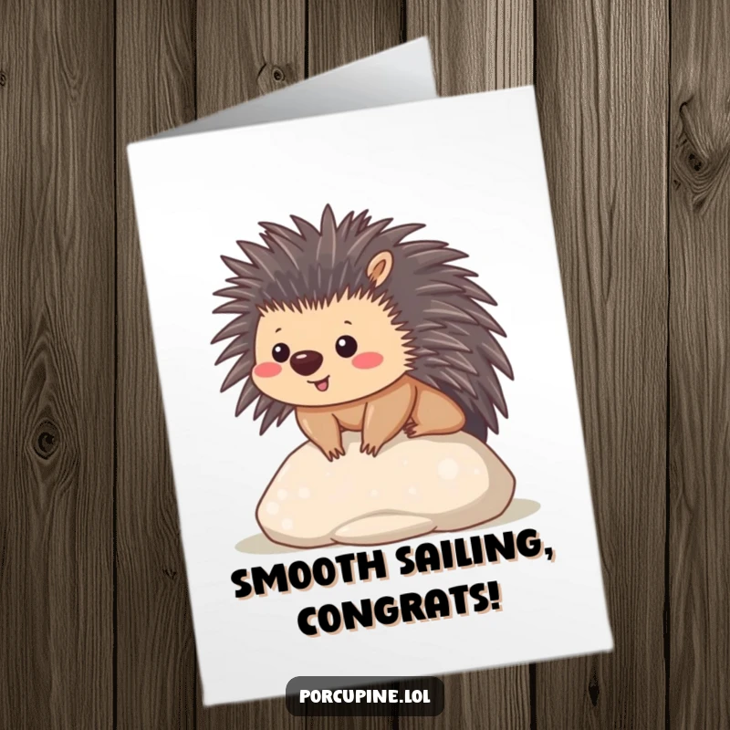 Funny Free Printable Congrats Card: A kawaii porcupine resting contentedly on a smooth stone, symbolizing peaceful celebration and success.