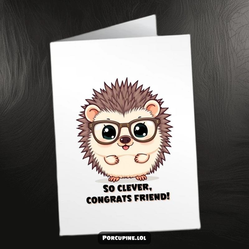 Funny Free Printable Congratulations Card featuring a porcupine in oversized glasses, looking very curious and intelligent.