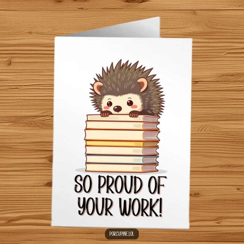 Funny Free Printable Congratulations Card: A porcupine peeks curiously over an impossibly tall stack of files, signifying a major accomplishment.
