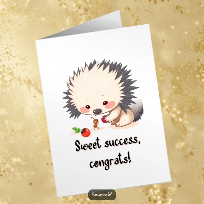 Funny free printable congratulations card depicting a porcupine and a small ant sharing a single berry, symbolizing cooperation and celebration.