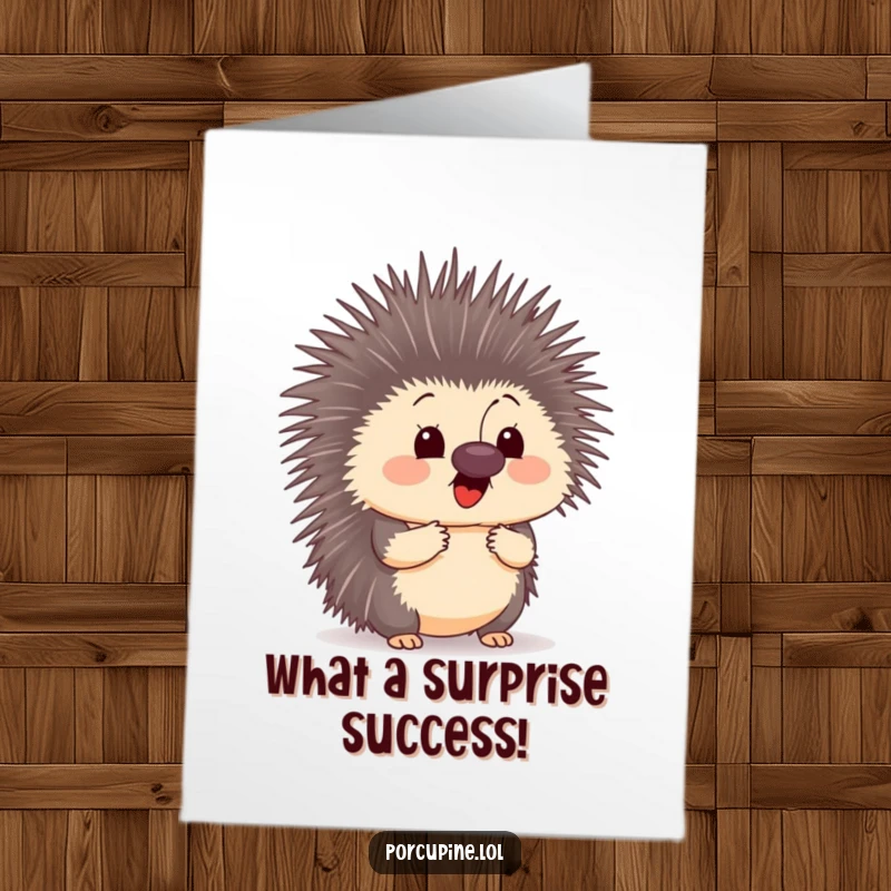 Funny free printable congratulations card featuring a porcupine with a look of comical surprise as a butterfly rests on its snout.