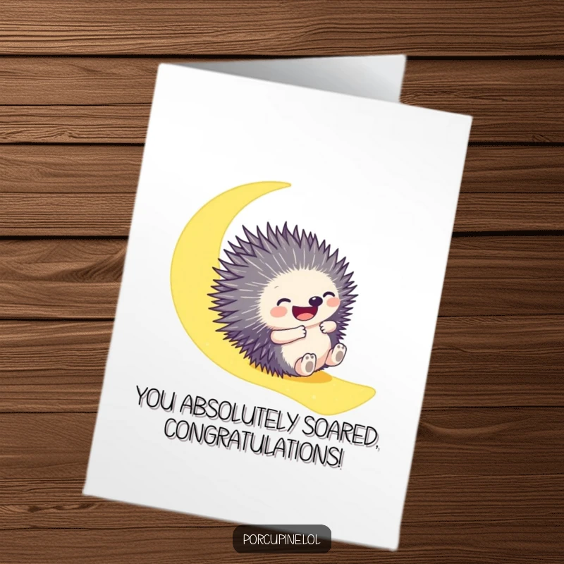 Funny Free Printable Congrats Card: A porcupine joyfully sliding down a moonbeam to celebrate success and achievements.
