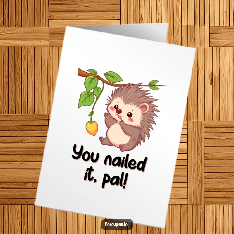 Funny Free Printable Congrats Card: A kawaii porcupine cheerfully batting at a dangling vine, celebrating achievements with playful energy.