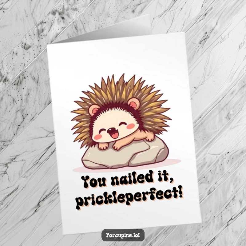 Funny Free Printable Congratulations Card: A delighted porcupine slides with glee, celebrating your fantastic news.