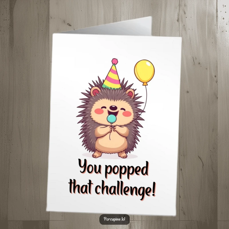 Funny Free Printable Porcupine Congratulations Card: A porcupine in a party hat joyfully pops a balloon, celebrating your amazing news.