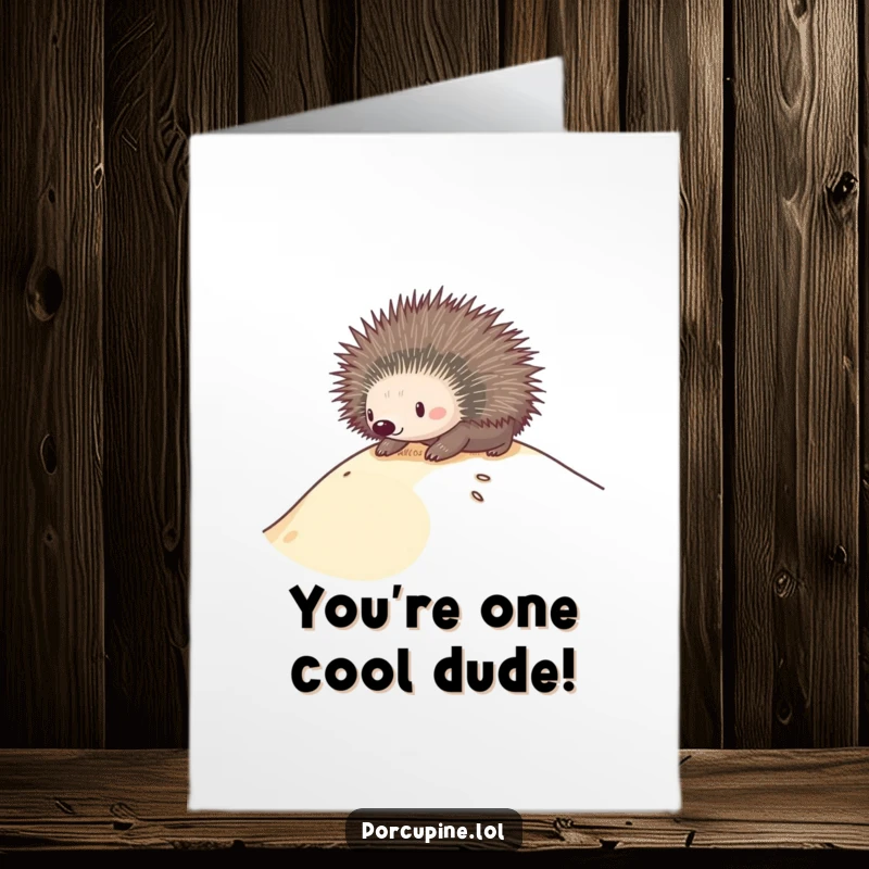 Funny Free Printable Congratulations Card: A porcupine hilariously surfs down a sand dune with a big grin, celebrating success.