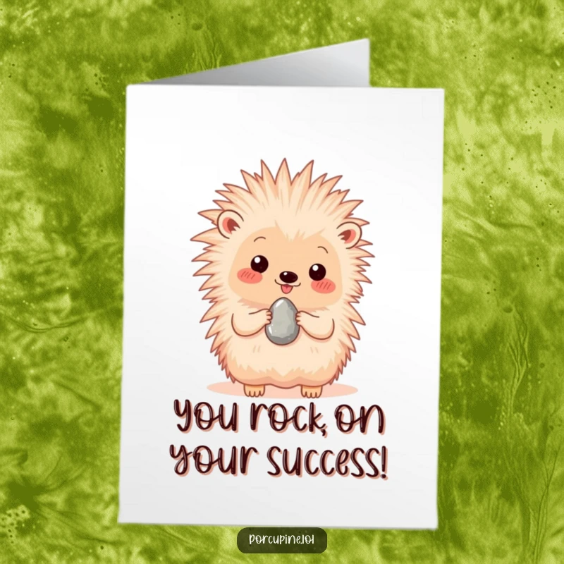 Funny Free Printable Congratulations Card: A happy porcupine proudly presents a single, shiny pebble, a unique token of celebration.