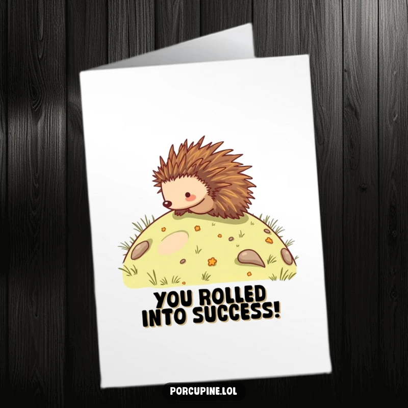 Funny free printable congratulations card depicting a porcupine tumbling down a hill with pure, unadulterated joy, celebrating a big win.