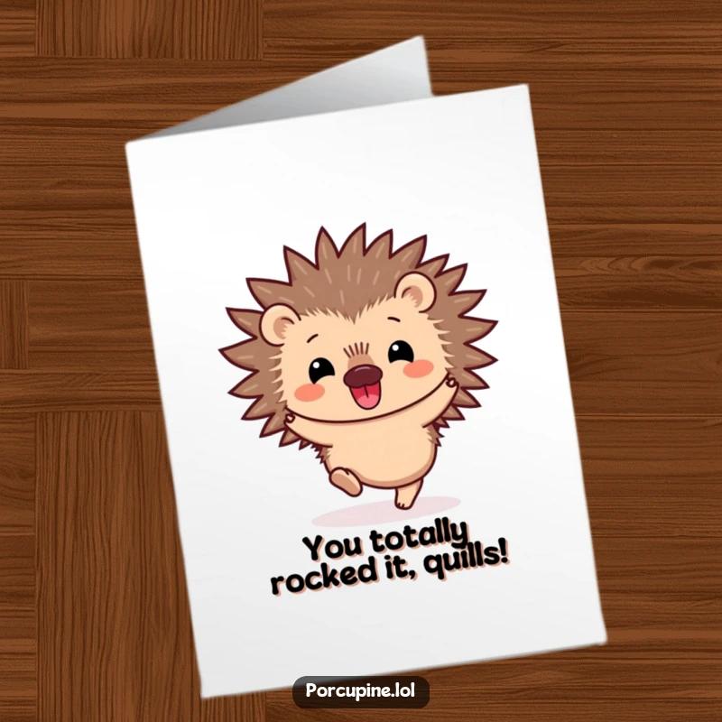 Funny Free Printable Congratulations Card: Adorable kawaii porcupine mid-hop, radiating pure joy and excitement for achievements.