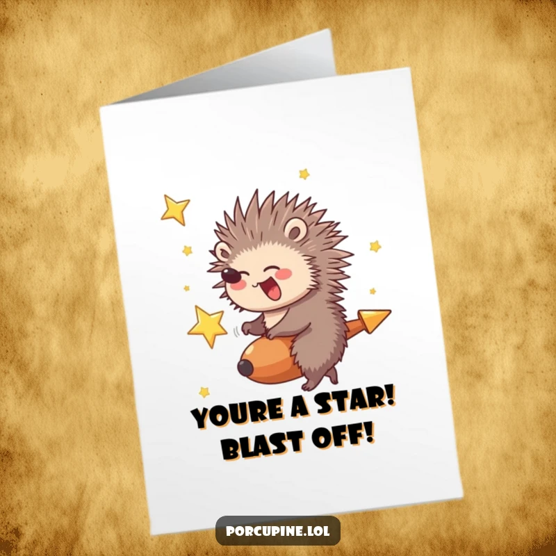 Fun Free Printable Congratulations Card: A porcupine giggling with delight while riding a bright shooting star.