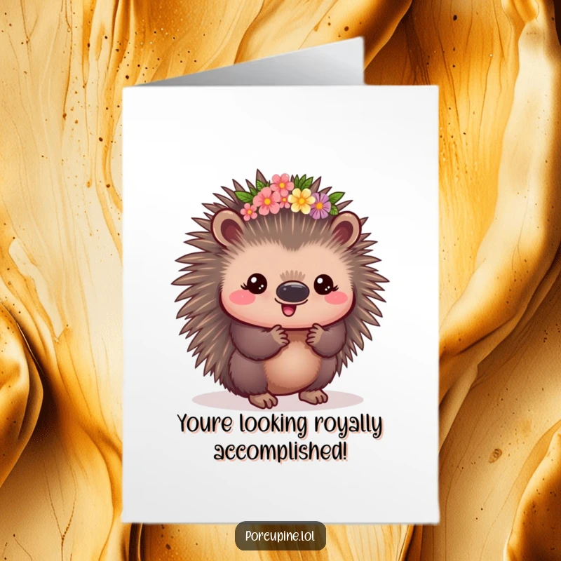 Funny Free Printable Congratulations Card: A cute kawaii porcupine adorned with a tiny flower crown, beaming with pleased pride.