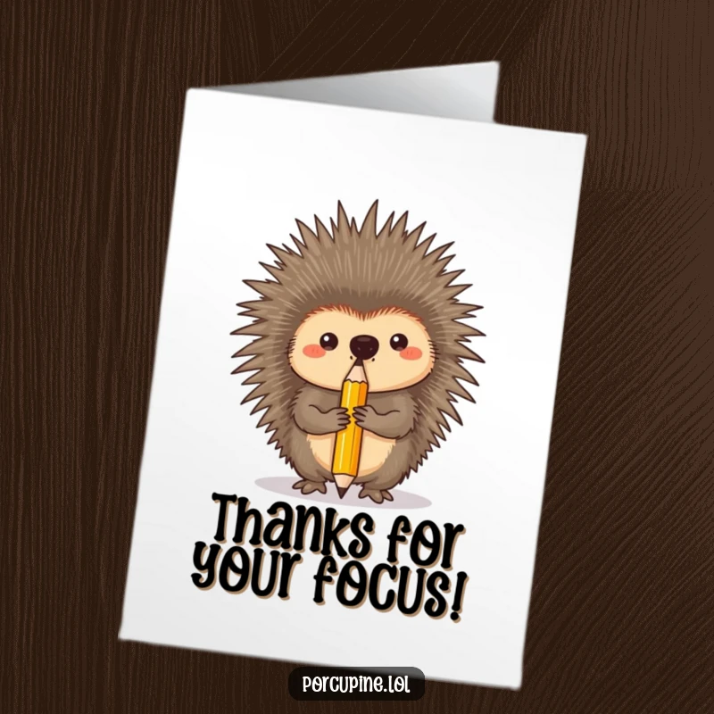 Funny free printable thank you card: A porcupine looks very focused while balancing a pencil on its nose, acknowledging effort.