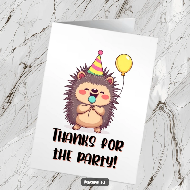 Funny Free Printable Porcupine Thank You Card: A porcupine with a party hat joyfully pops a small balloon, offering a festive thank you.
